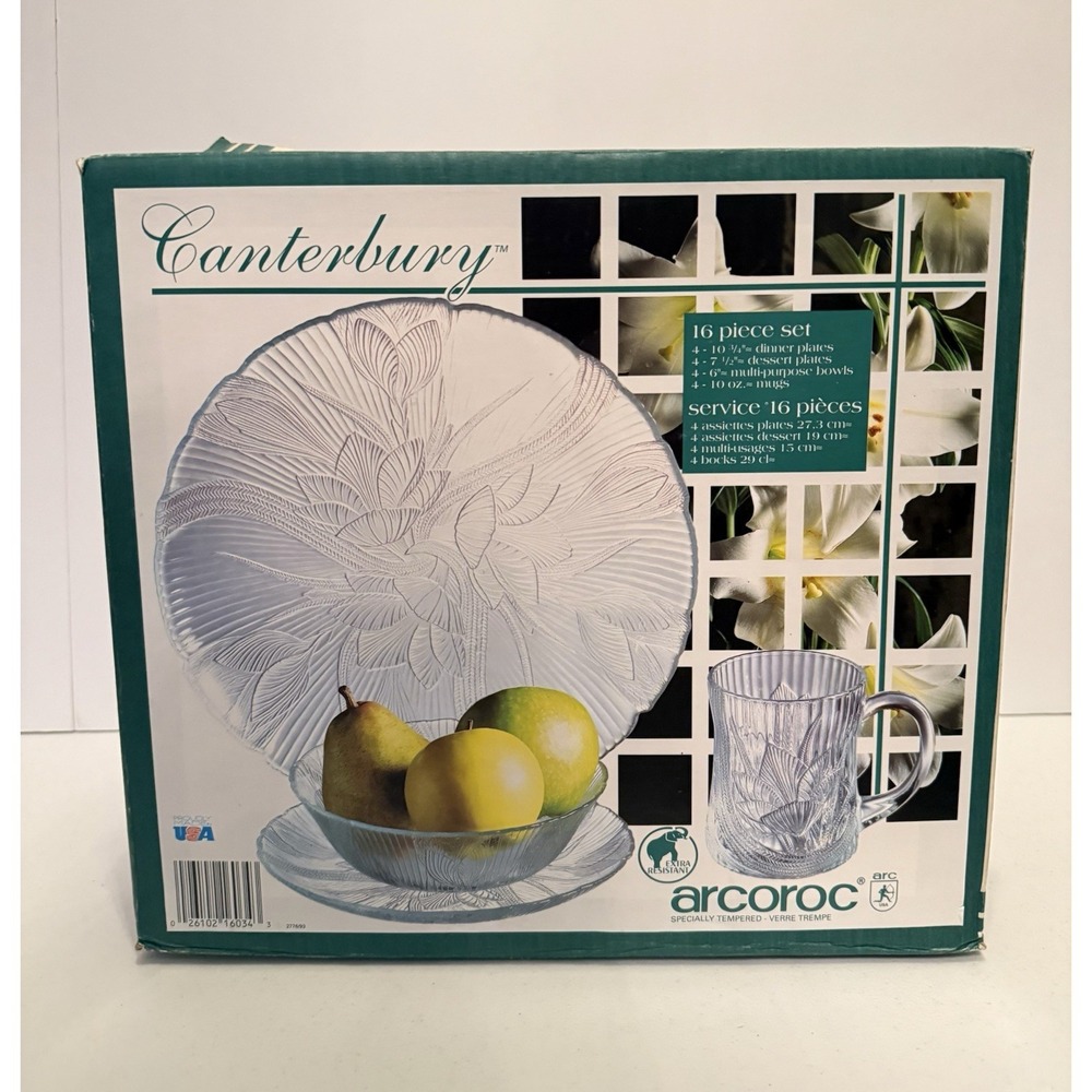 Vintage 16 PIECE SET ARCOROC CANTERBURY GLASS DINNERWARE New With Box Brand New